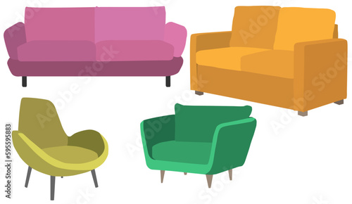 Set of furniture, couch, sofa, armchair, for livingroom, animation, vector file with or without outlines