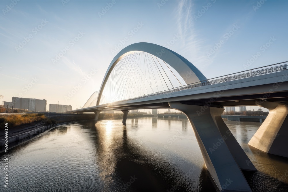 modern bridge, with sleek lines and contemporary design, crossing river, created with generative ai