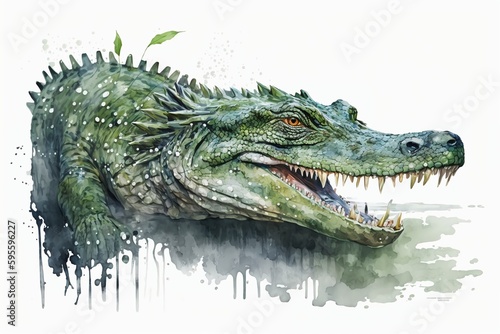 Watercolor Crocodile illustration white background Generative AI