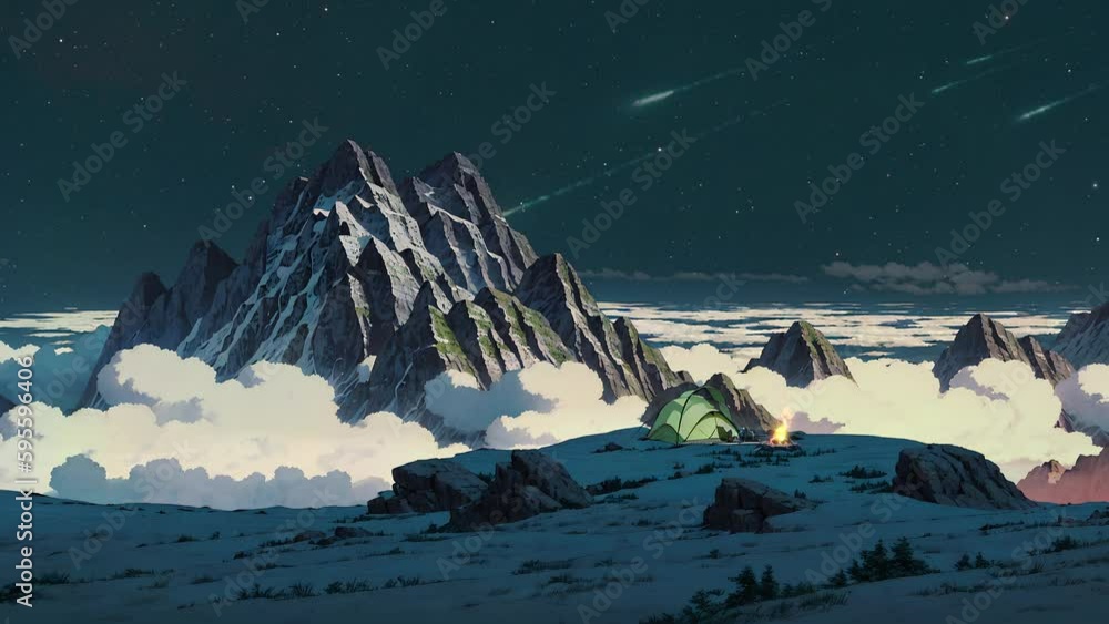 Camping on the top of a mountain on a starry night and a meteor shower