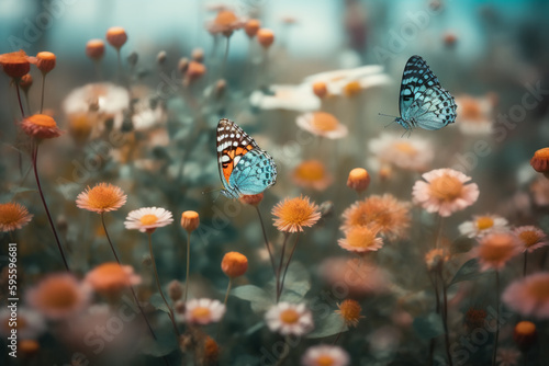 Macro shot of colourful butterflies fluttering between beautiful flower fields with gentle sunlight. Ai generative © mualtry002