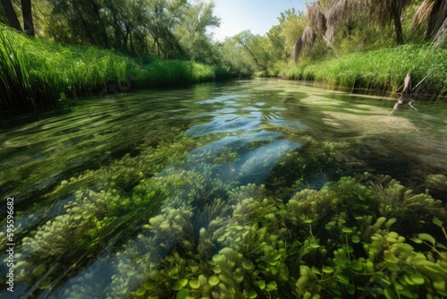 aquatic plants and seagrasses swirling in current of river, created with generative ai