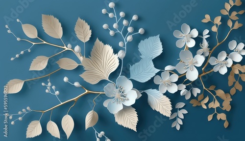 Floral pattern on blue background, teal