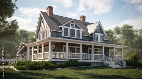 Cape cod exterior house design in daytime golden hour generative ai