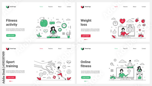 Weight loss and fitness, online sport training in mobile app, healthy diet set vector illustration. Cartoon tiny people measure waist and control muscle shape with exercises in gym and nutrition