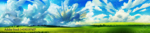 清涼感のある雲と草原の横長サイズのイラスト