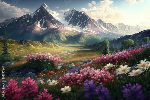 majestic mountain range, with lush meadows and flowers blooming, created with generative ai