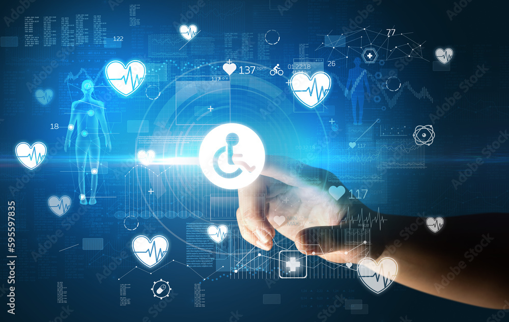 Fototapeta premium Doctor hand pressing futuristic health device with medical symbol on screen