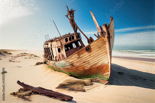 remains of ship run aground on deserted beach, with broken mast and broken hull, created with generative ai