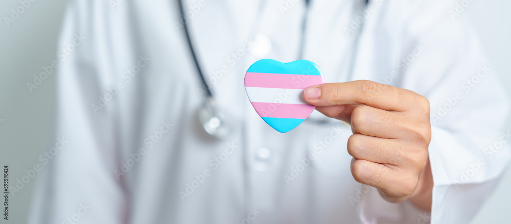 Transgender Day and LGBT pride month, LGBTQ+ or LGBTQIA+ concept. Doctor holding blue, pink and white heart shape for Lesbian, Gay, Bisexual, Transgender, Queer and Pansexual community Transgender Day and LGBT pride month, LGBTQ+ or LGBTQIA+ concept. Doctor holding blue, pink and white heart shape for Lesbian, Gay, Bisexual, Transgender, Queer and Pansexual community