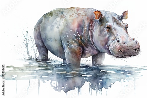 Watercolor hippo illustration white background,Generative AI