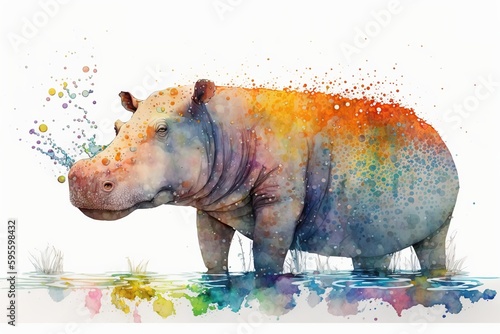 Watercolor hippo illustration white background,Generative AI