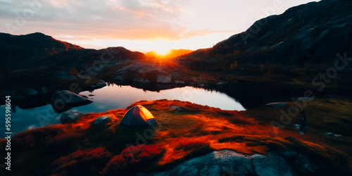 Camping in the mountains. A tent near a mountain lake