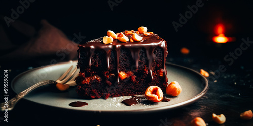 Chocolate brownie cake, dessert with nuts on dark background