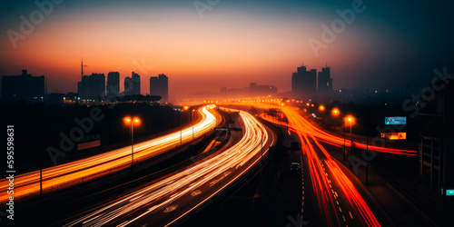 Blurred traces of traffic lights on the road at night. Long exposure photo © v.senkiv