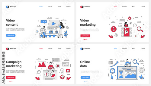 Video content, marketing campaign and online data research set vector illustration. Cartoon tiny people work with magnifying glass, statistics charts reports on laptop desktop, digital analytics