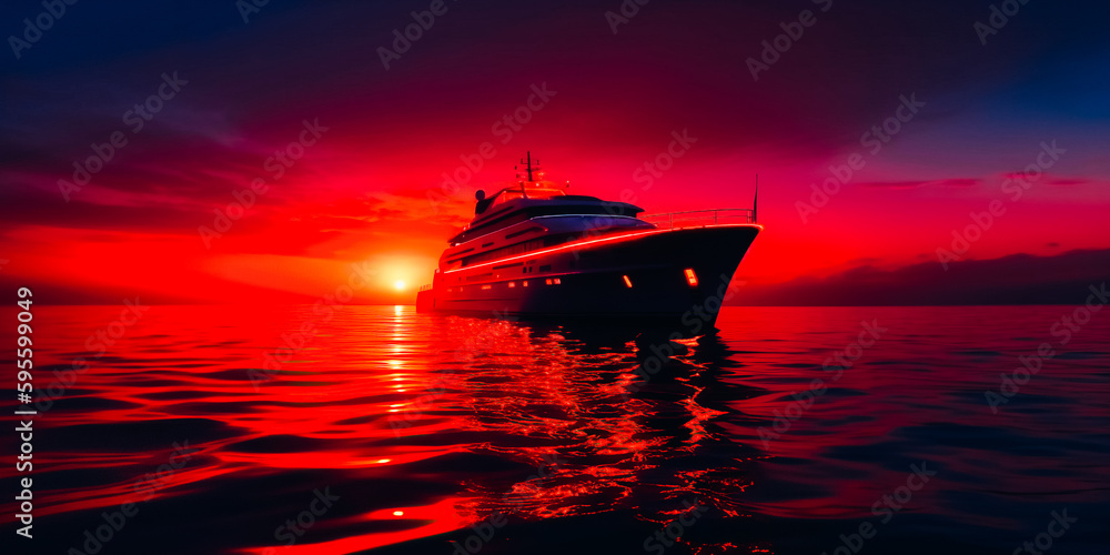 A chic cruise ship in red tones sails in the sea A chic cruise ship in red tones sails in the sea