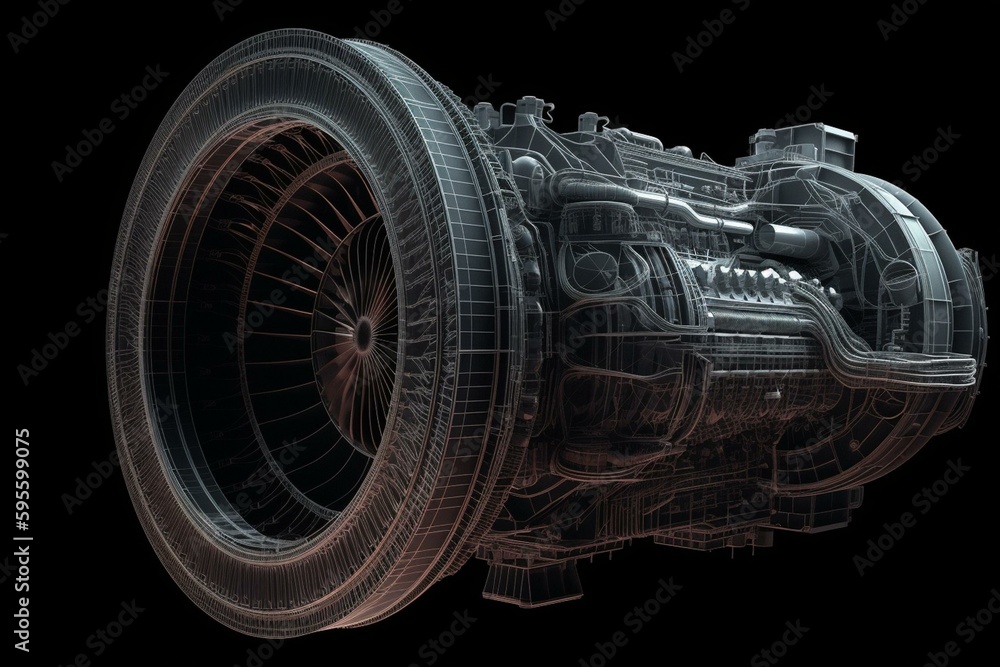 Turbojet engine wireframe on black background. 3D rendering image of