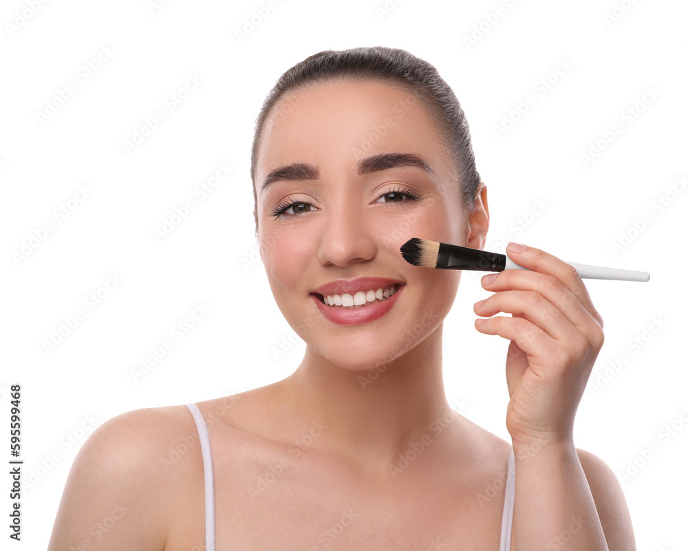 Woman with makeup brush on white background Woman with makeup brush on white background