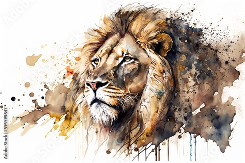 Watercolor lion illustration white background,Generative AI