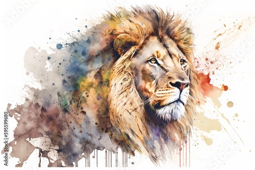 Watercolor lion illustration white background Generative AI
