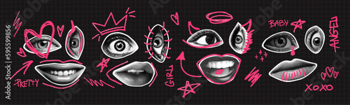 Fotografia Woman lips and eyes as retro halftone collage elements with girly doodles for mixed media design