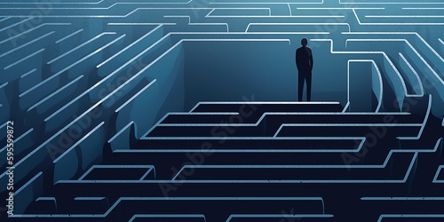 A maze with a human figure navigating through it, displayed against a challenging, problem-solving background, concept of Complexity, created with Generative AI technology