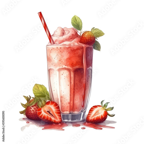 Strawberry milkshake smoothie watercolor. generative ai