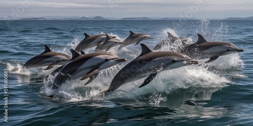 A school of dolphins swimming together and leaping out of the water, concept of Marine biodiversity, created with Generative AI technology © koldunova