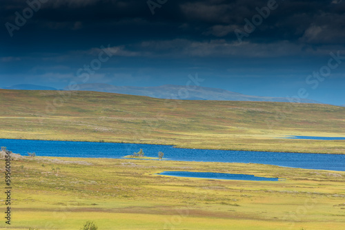 Landscape of the tundra with a lake in the Finnmark province of Norway