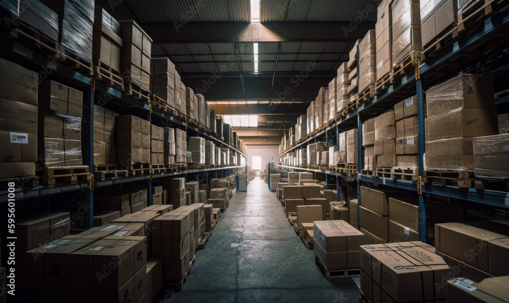 Shelves in the warehouse filled with carton boxes. Logistics, trade and goods distribution. Generative AI. Shelves in the warehouse filled with carton boxes. Logistics, trade and goods distribution. Generative AI.