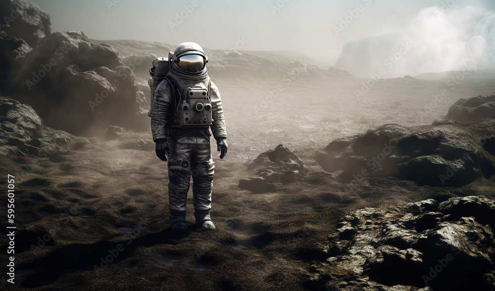 Astronaut in a dirty suit stands on the bare dusty landscape in the smoke. Exploring the deserted planet. Generative AI.