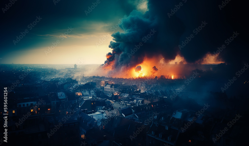 Destroyed city from bomb shelling. Fire broke out seizing district in the downtown. War concept. Generative AI.