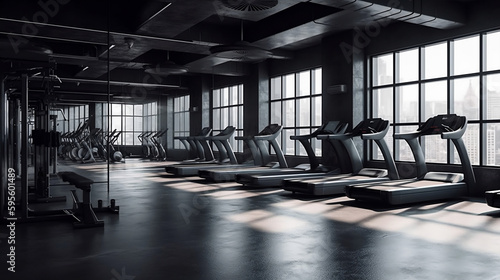 Modern gym interior with various equipment. Generative AI. © moon