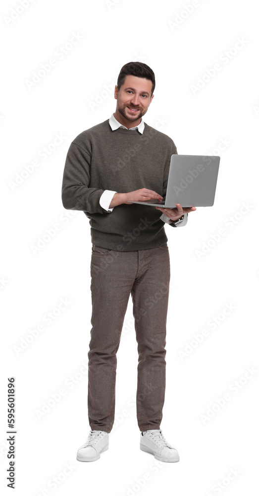 Handsome bearded businessman with laptop on white background