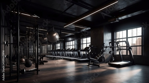 Modern gym interior with various equipment. Generative AI.