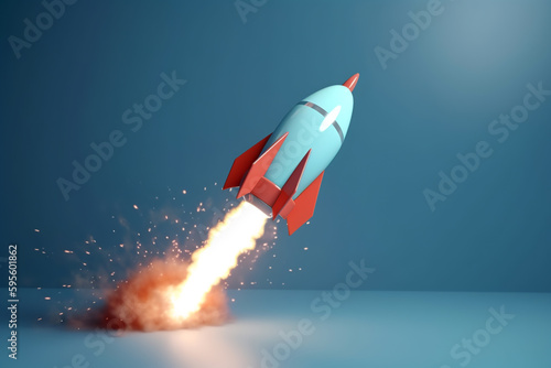 the rocket flies to the target. blue background. ai generative
