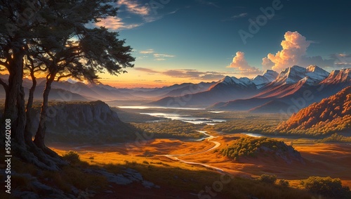 Fantasy landscape. Mountain lake in the mountains. 3d illustration