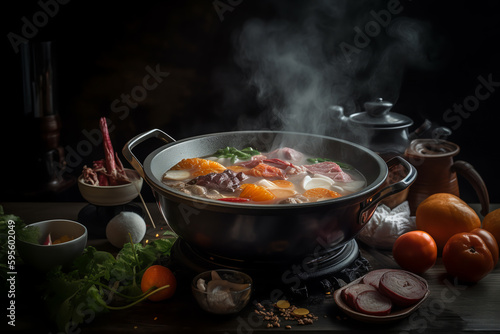 Hot pot with delicious soup on the table. ai generative