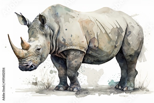 Watercolor rhino illustration white background,Generative AI