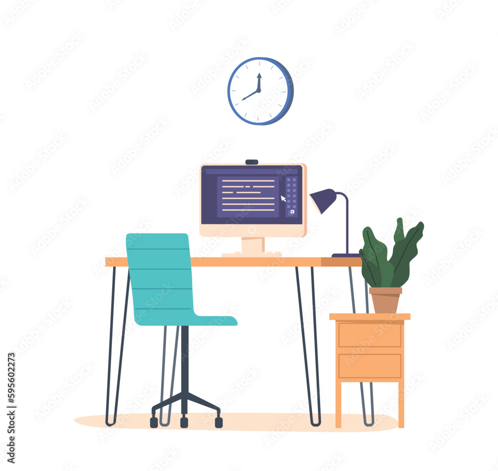 Fototapeta premium Desk With Computer And Chair. Modern Workstation For Productivity, Featuring Ergonomic Chair, Sleek Desktop Computer