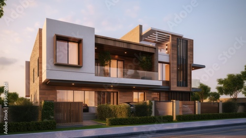 Contemporary exterior house design in daytime golden hour generative ai © Hixel