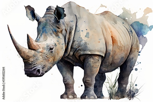Watercolor rhino illustration white background Generative AI