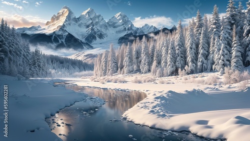 Fantastic winter landscape. Dramatic wintry scene with frozen lake and snowy mountains.
