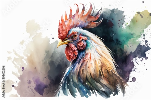 Watercolor rooster illustration white background,Generative AI