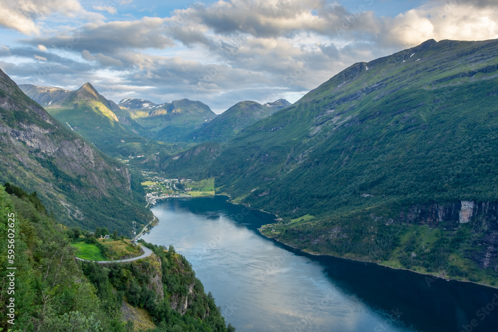Sunset over the Geirangerfjord and the Seven Sisters Waterfall,  Norway