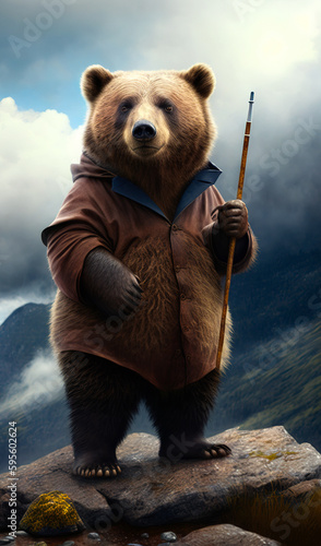 Lovely brown bear in a coat standing on the stone. Animal holding a rod in the mountains. Generative AI. photo