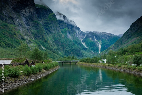 Landscape of Gudvangen,  village on a fjord in Norway with grass roof houses © Stefano Zaccaria