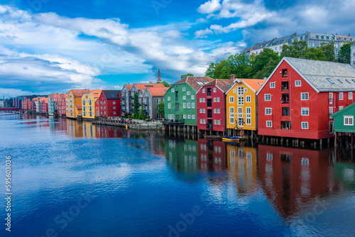 Beautiful view of the colorful wooden buildings of Trondheim Canal, Norway