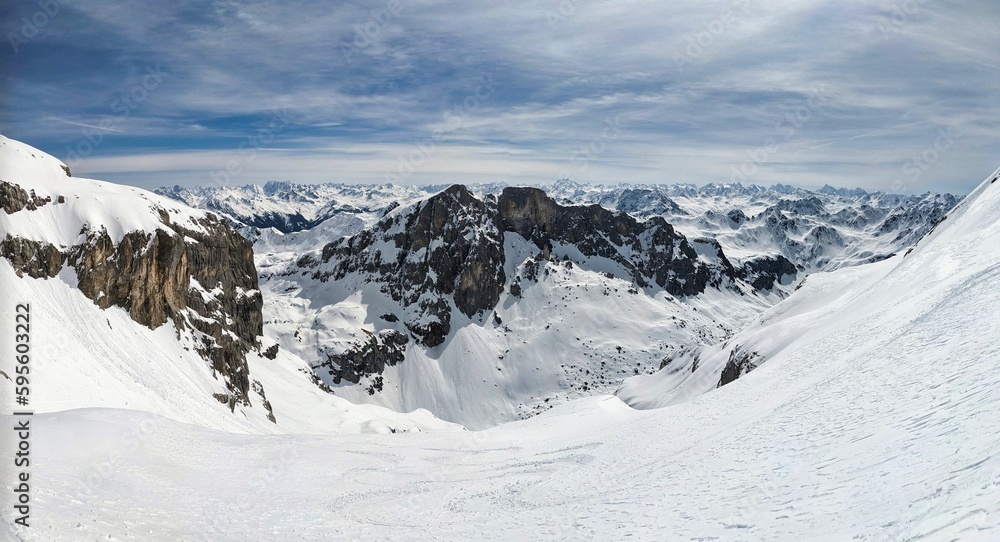 Mountain panorama from the Sulzfluh summit. Beautiful winter mountain panorama. Many peaks on the horizon. High quality photo